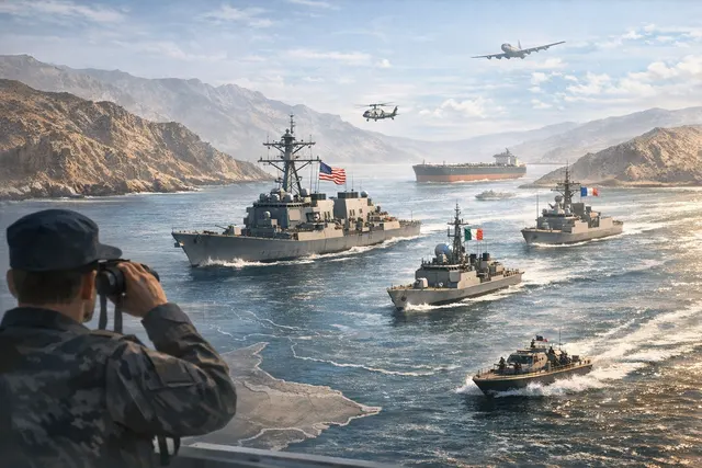 An editorial illustration showing warships in the Strait of Hormuz with a global map of oil shipping routes in the background, representing the diplomatic standoff over reopening t