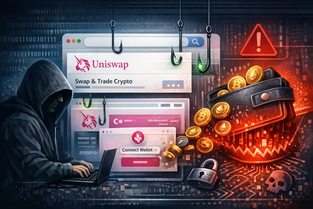 A deceptive fake Uniswap Google Ad being displayed above the legitimate search result on a digital screen, highlighting the crypto phishing scam.