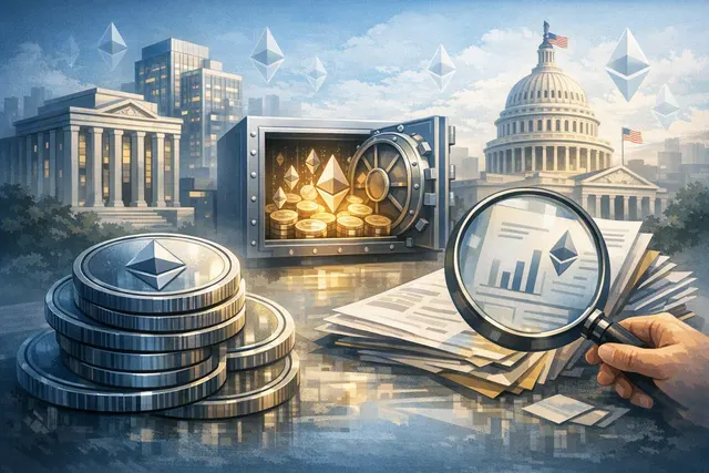 Editorial illustration of Coinbase’s corporate Ethereum treasury, showing ETH holdings, a balance sheet, and Base network connections