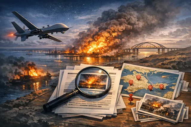 Aerial view of a darkened Crimean peninsula at night with small fires visible near electrical infrastructure, illustrating the impact of Ukraine's drone campaign on the occupied re