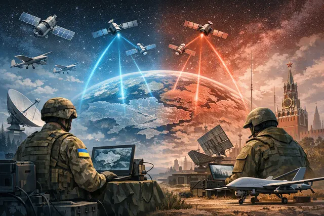Editorial illustration of satellite networks representing Starlink alternatives being developed by Ukraine and Russia