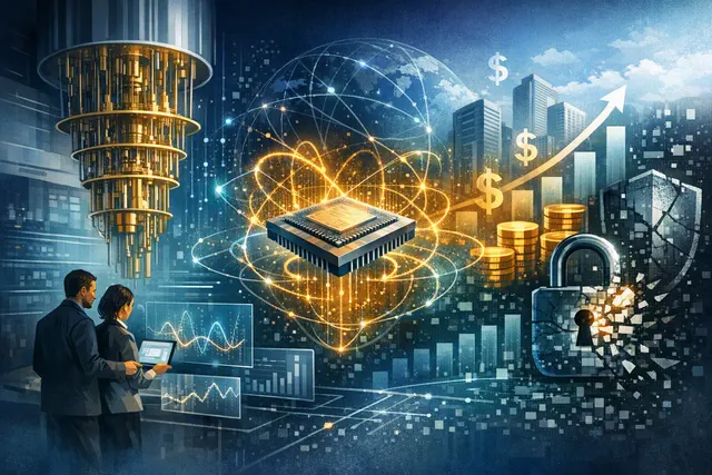 A glowing quantum computer chip against a background of interconnected circuit lines, representing IBM's quantum advantage achievement and the cryptographic threat to Bitcoin.