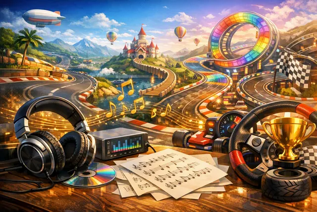 Colorful editorial illustration of Mario Kart World music racing toward a finish line
