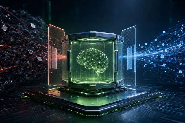 Conceptual illustration of software and hardware security layers monitoring an autonomous AI agent