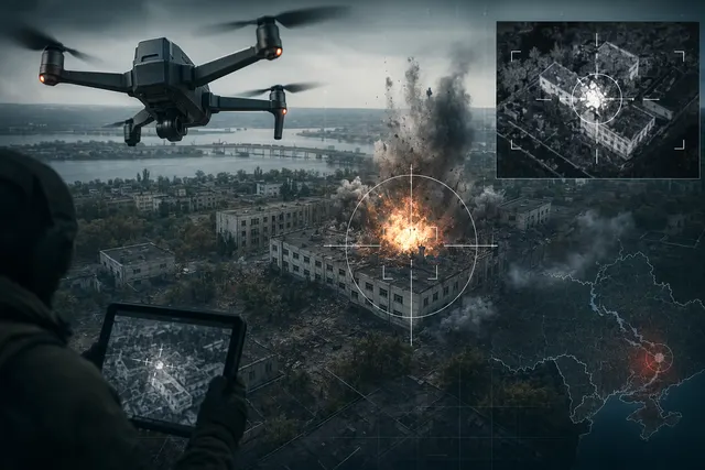 Illustration of a Ukrainian drone strike targeting a military headquarters in occupied Kherson