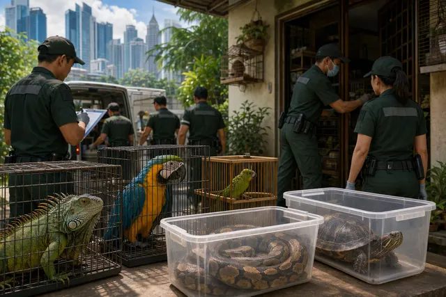 AI-generated editorial illustration accompanying a report on Singapore’s illegal wildlife seizure