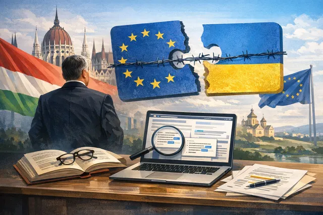 European Union and Ukraine flags with a stylized map of Europe, illustrating the EU accession process and Hungary's veto power.