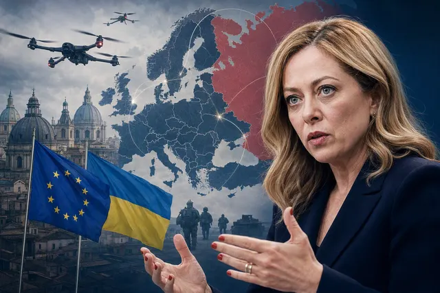 Editorial illustration of Giorgia Meloni, Ukraine and European security tensions