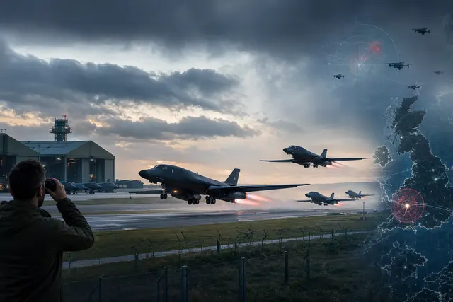 AI-generated editorial illustration relating to the reported withdrawal of B-1 bombers from RAF Fairford