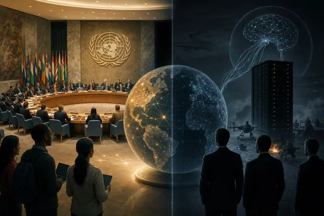 AI-generated conceptual illustration accompanying an article about AI security at the UN
