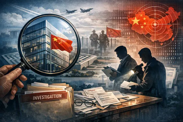 Editorial illustration of Baidu facing Pentagon scrutiny, falling financial results and uncertainty over AI monetization