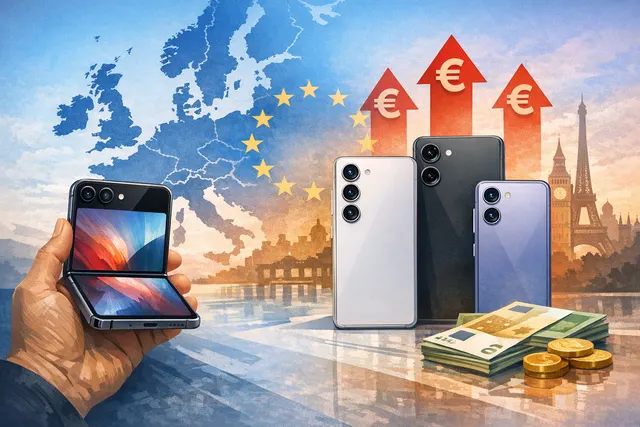 A premium Samsung Galaxy smartphone with a glowing euro symbol and upward arrows, symbolizing the June 2026 European price hike driven by the global memory chip shortage.