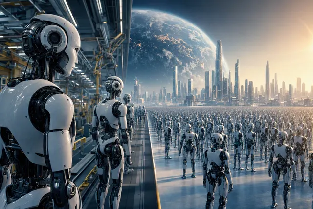 AI-generated illustration accompanying an article about Musk’s humanoid robot forecasts