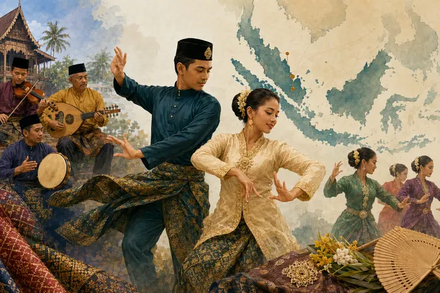 AI-generated editorial illustration accompanying an article about zapin and its planned UNESCO nomination