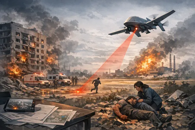 AI-generated editorial illustration of a drone over a market stall in Kherson, Ukraine, on August 4, 2026