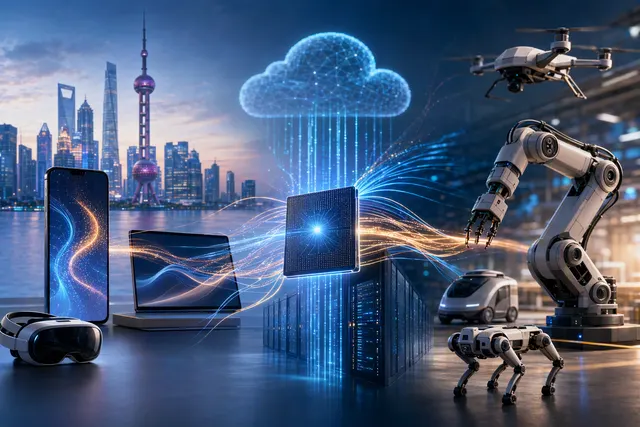 Editorial illustration of Arm’s AI computing strategy across mobile devices, data centers and robotics