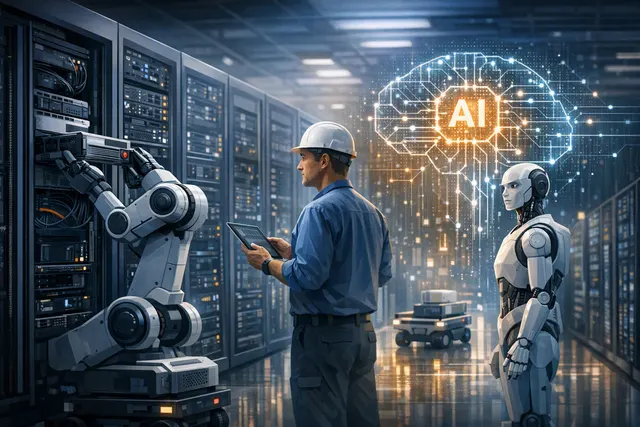 Illustration of a robot working among servers in a Meta-style AI data center