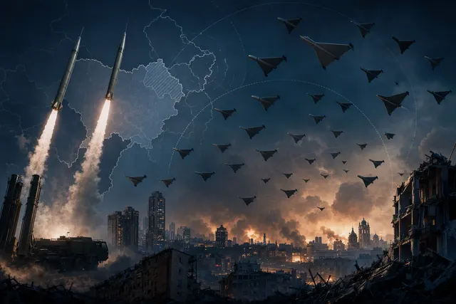 Editorial illustration of a nighttime drone and missile attack over Ukraine