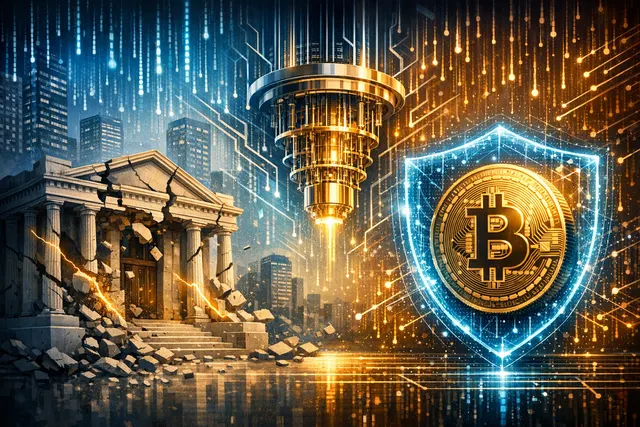 Conceptual illustration of quantum computing threat splitting centralized banking infrastructure and decentralized Bitcoin blockchain