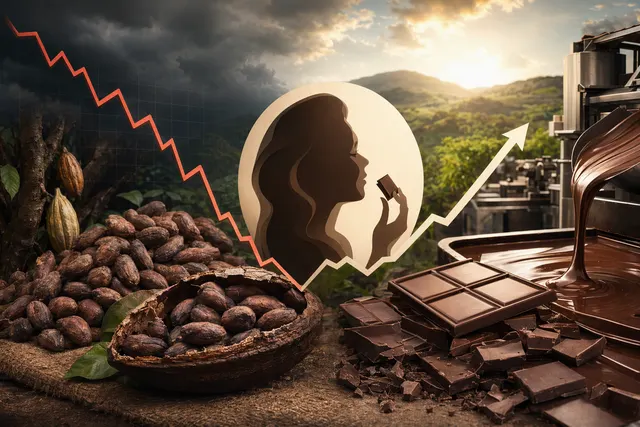 Chocolate bars and cocoa beans representing the global cocoa market downturn