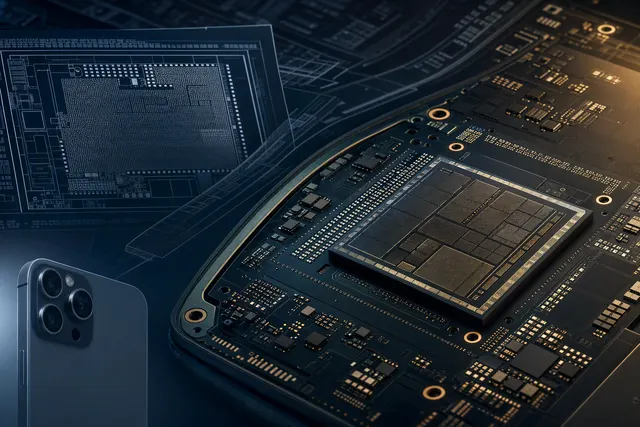 Editorial illustration of Apple A20 Pro chip leak and iPhone circuit-board layout