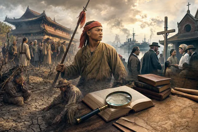 Editorial illustration representing the Boxer Rebellion and the tensions between Qing China and foreign powers