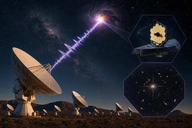 Illustration representing a fast radio burst traveling from a distant galaxy toward Earth
