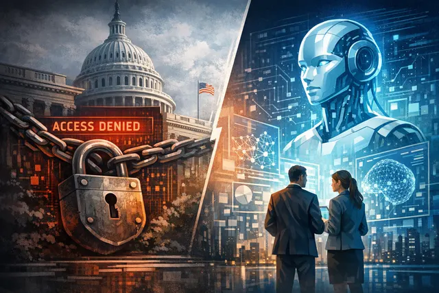 Conceptual illustration of AI sovereignty — two models separated by an ocean, one being cut off while another rises in prominence.