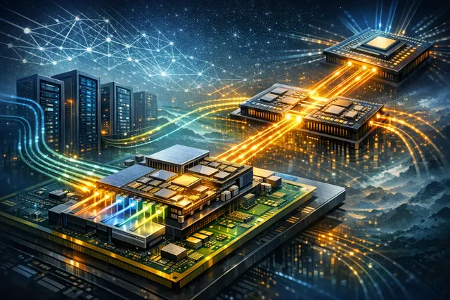 Conceptual image of optical data links replacing copper wiring between GPU chiplets inside a next-generation AI data center rack.