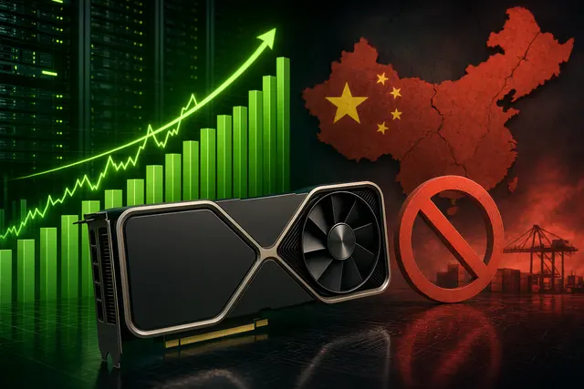 Editorial illustration representing Nvidia’s strong earnings contrasted with the loss of the China AI chip market