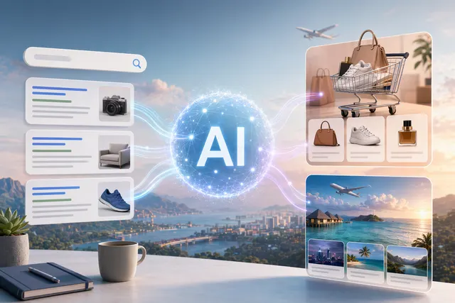 Google AI Max 擴展到 Shopping 與 Travel 廣告的概念圖，包含零售商品、旅遊搜尋與 AI 自動化元素