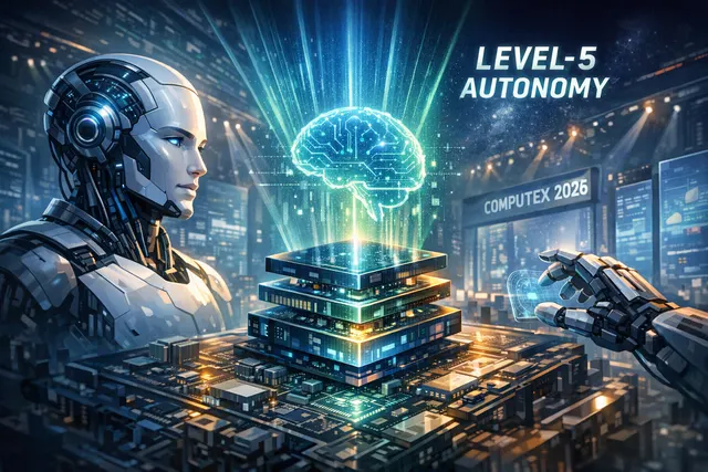 An AI-generated editorial illustration representing Cadence's Level-5 autonomous ChipStack AI Super Agent orchestrating complex chip design and verification workflows, powered by N