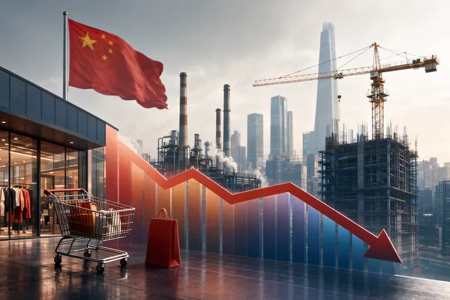 Illustration of China’s economic slowdown with declining retail, industrial output, and investment indicators
