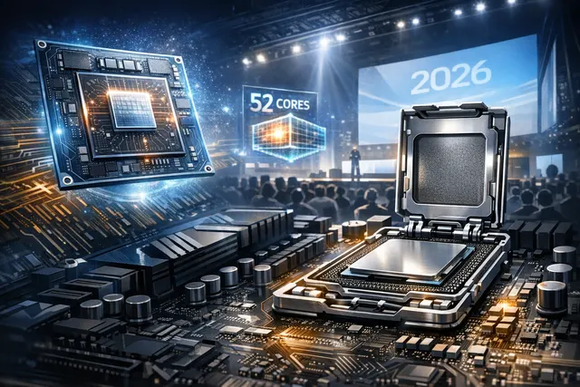 Concept render of an Intel Nova Lake processor chip on a futuristic blue circuit board, representing the next-generation desktop platform revealed at Computex 2026.