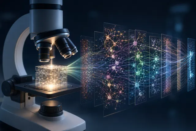 Abstract illustration of an AI microscope examining Claude’s hidden internal reasoning circuits