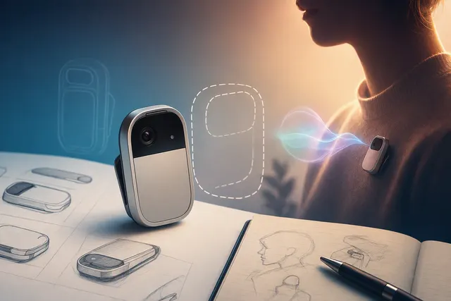 AI-generated concept illustration for Apple’s rumored camera-equipped AI pin, not a product photo