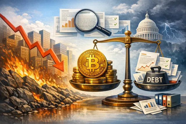 A visual metaphor of a Bitcoin coin on a balance sheet, representing Strategy's (MSTR) financial stress test and the question of a death spiral.