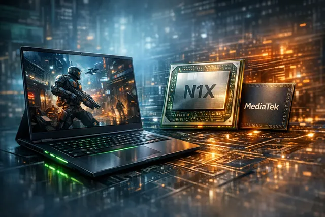 Conceptual render of an Nvidia N1X Arm laptop chip on a circuit board, with ambient blue and green lighting emphasizing a high-performance computing theme.