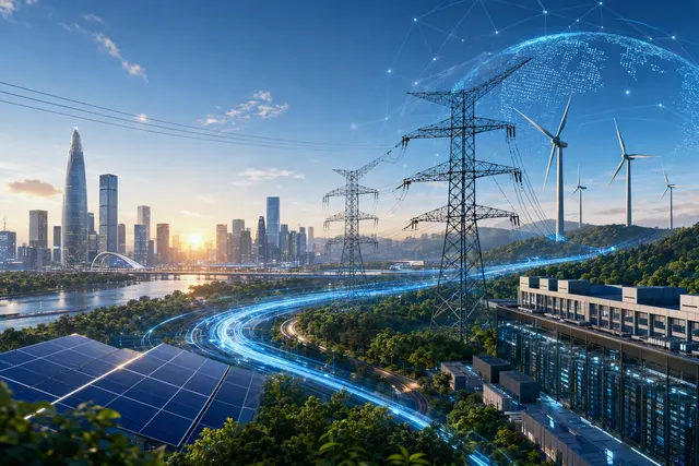 AI-generated editorial illustration representing cooperation between a power grid and digital technologies