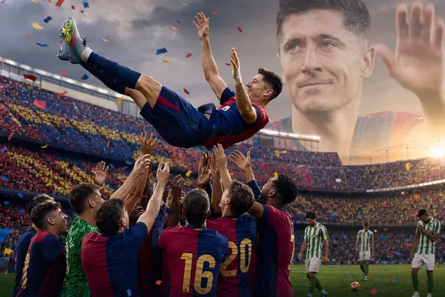 Robert Lewandowski receiving an emotional farewell at Camp Nou after Barcelona’s 3–1 win over Real Betis