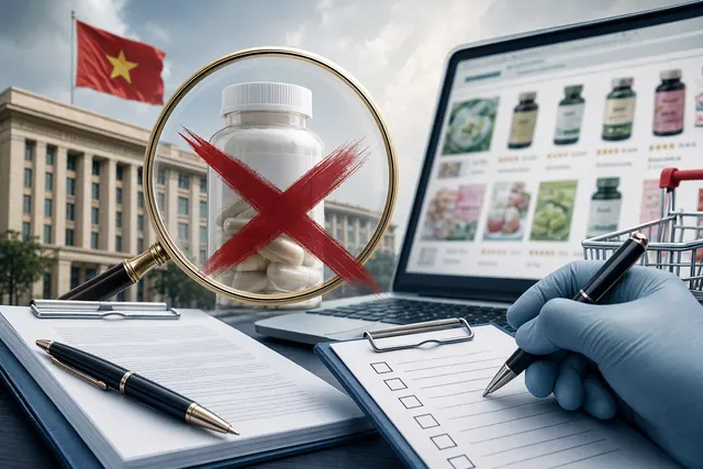Editorial illustration representing an online listing for a weight-loss supplement under regulatory review
