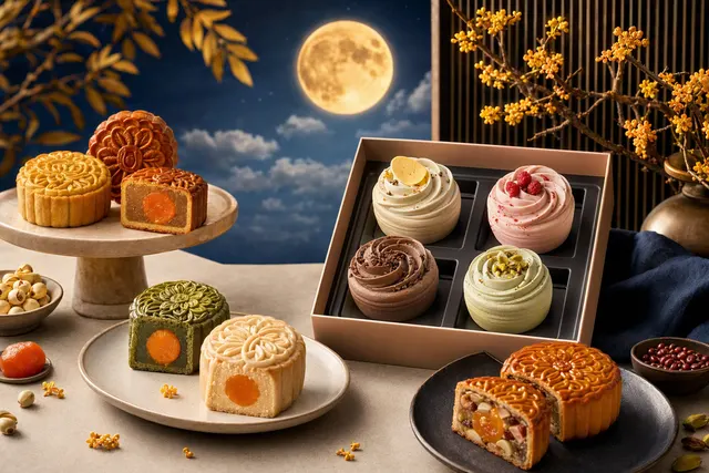 AI-generated editorial image for a story about Singapore’s 2026 Mid-Autumn mooncakes