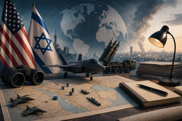 AI-generated editorial illustration for reporting on possible US-Israeli strike planning involving Iran