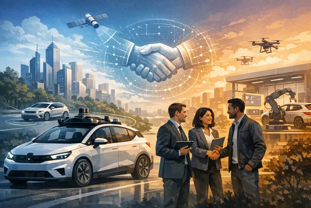 A conceptual render of three sleek, futuristic Level 4 robotaxis driving through a neon-lit smart city, representing the new non-binding memorandum of understanding between Stellan
