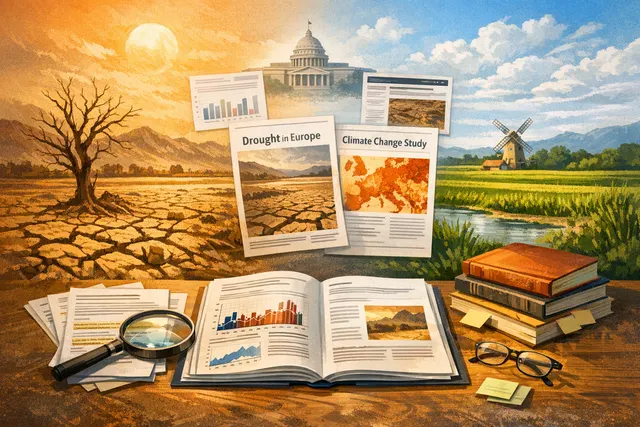 AI-generated conceptual image of a dry, cracked landscape under an intense sun, representing the 2026 European drought driven by extreme heat.