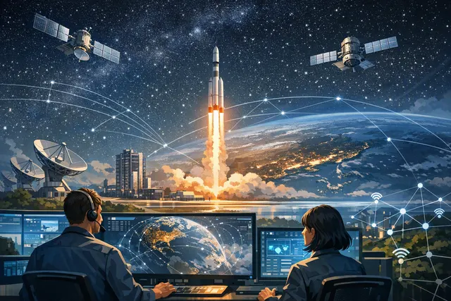 Illustration of low-Earth-orbit satellites connecting remote vehicles, sensors and industrial infrastructure