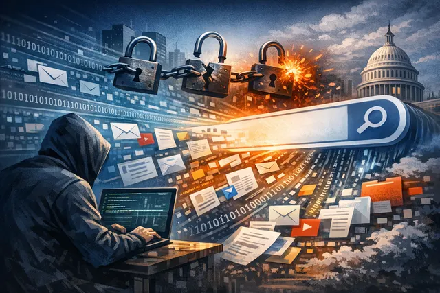 Abstract visualization of a Microsoft 365 Copilot AI vulnerability exploit chain showing data exfiltration through a trusted link