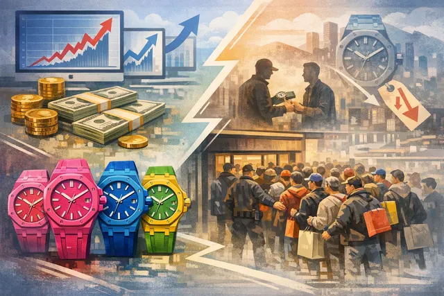 Audemars Piguet x Swatch Royal Pop Bioceramic pocket watches in multiple colors with the resale market crash concept