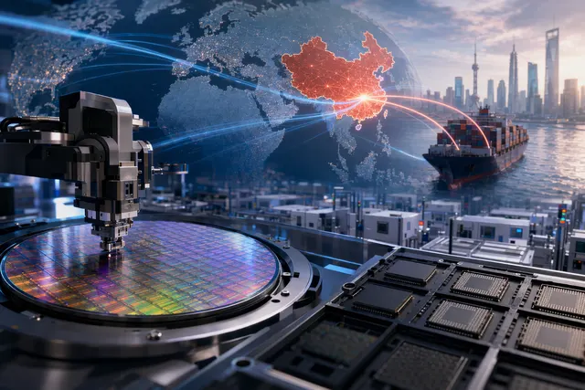 Illustration of semiconductor fabs and global chip supply chains shifting toward China during the AI boom