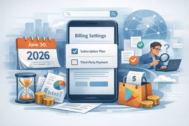 Illustration of Google Play Store with a split fee structure showing service fee and billing fee components